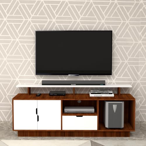 Image of GRATUS Wall Mounted TV Unit for Living Room | Wooden TV Cabinet with 3 Storage Compartments, 2 Shutters, Drawer & Open Shelf | Entertainment Center for 43, 55 & 65 Inch TVs