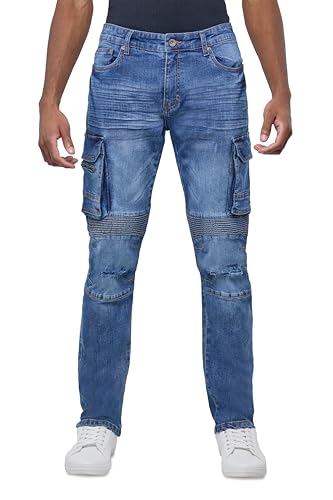 RAW X Men's Stretch Ripped Cargo Pocket Jeans, Slim Fit Motor Biker Comfort Denim Jean Pants for Men