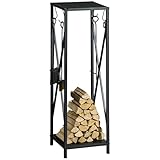 Outsunny Soporte para Leña Estante de Leña Metálico Leñero de Exterior con Ganchos Pala Cepillo Atizador y Tenazas Carga 65 kg para Interior y Exterior 34x34x111 cm Negro