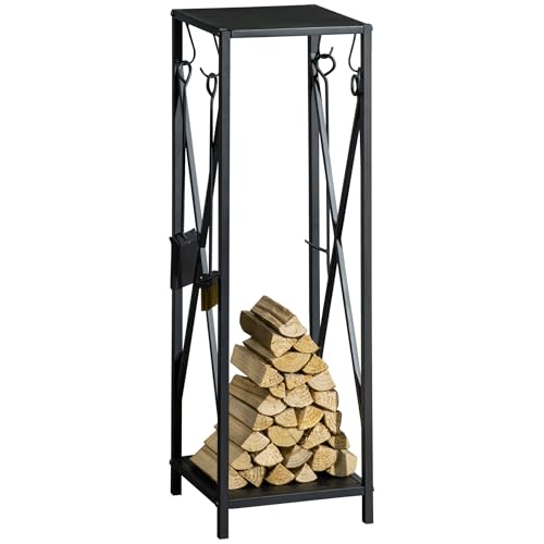 Outsunny Soporte para Leña Estante de Leña Metálico Leñero de Exterior con Ganchos Pala Cepillo Atizador y Tenazas Carga 65 kg para Interior y Exterior 34x34x111 cm Negro