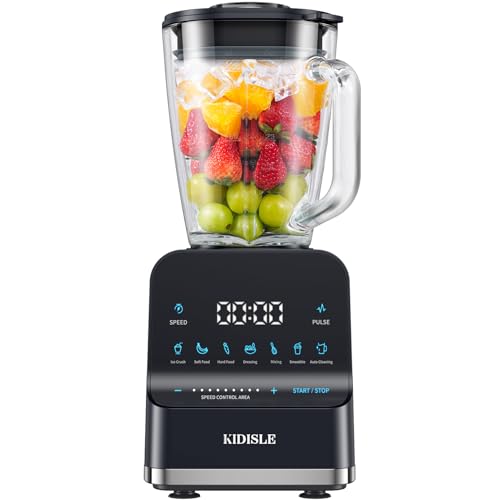 KIDISLE Licuadora profesional de batidos de 1200 W para batidos, tarro de vidrio de 50 onzas, hielo aplastado, puré, visualización táctil de 9 velocidades con pulso y 7 funciones, negro