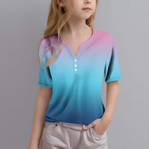 Shirts for Teen Girls Button-Up Short Sleeve Blouse Summer Tunic Tops Solid V-Neck Comfy Kids Fashion Tshirts2