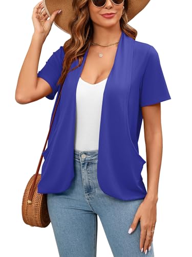 Image of Women's Lightweight Open Front Cardigans Short Sleeve Casual Soft Sheer Cardigan S-2XL with Pockets