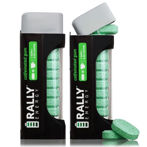 Rally Energy Caffeine Gum, Sugarless Gum with 60 mg of Caffeine for Fast-Acting Energy, Stay Alert, Long-Lasting, Natural Peppermint Flavor (2 Pack, 22 Pieces)