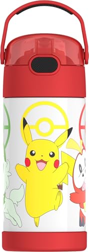 THERMOS FUNTAINER Water Bottle with Straw - 12 Ounce - Kids Stainless Steel Vacuum Insulated Water Bottle with Lid, Pokémon