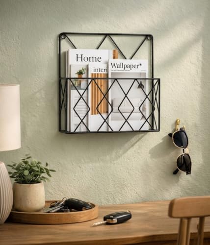 Image of Wall Mounted Metal Magazine Holder | Hanging File Organizer for Documents, Magazines, Newspapers & Mail | Decorative Storage Rack for Home, Office & Workspace | Black