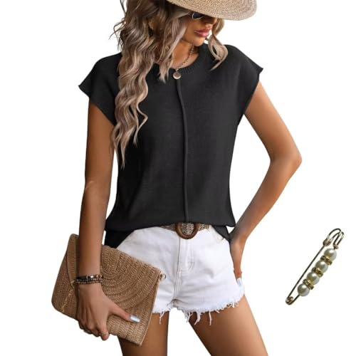 Image of Womens Lightweight Knit Top Cap Sleeve Crew Neck Shirt | Lightweight textured knit top with relaxed fit and cap sleeves, light colors may perspective