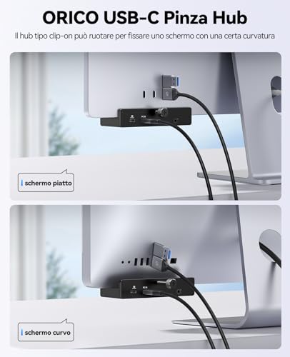 Hub USB 3.2, Alluminio USB-Hub Clip con porta USB-C PD 60W, 10Gbps 7 porte Distributore USB con 2 Tipo A 3.2 e 1 Tipo C 3.2, SD/TF 3.0, AUX, Cavo da 100cm per monitor, Scrivania - Hub USB - Immagine 3