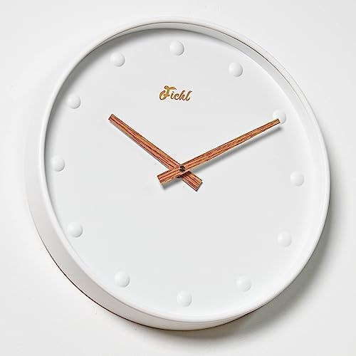 Fichl Bubble 12-Inch Silent Battery Operated White Wall Clock with Wood Grain Hands, Modern Analog Design, Non-Ticking, Ideal for Bedroom, Living Room, Kitchen, Kids Room & Home Decor