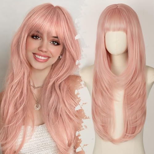 Eawwii Long Light Pink Wig with Bangs for Women 4x4