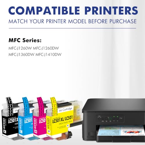 Image of LC501XL LC501 MFC-J1360DW Ink Cartridges for Brother Printer Work Smart 1360 MFC-J1260W MFC-J1260DW MFC-J1410DW MFC J1360DW J1260W J1260DW J1410DW Series Printer (4 Pack Black Cyan Magenta Yellow)