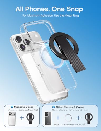 Image of SINCEHOLY for MagSafe Phone Grip, Magnetic Phone Grip with Silicone Finger Strap & Dual-axis Adjustable Kickstand, Magnetic Phone Stand Ring Holder for Mag Safe iPhone 17 /16 /15 /14 /13 /12 Series, Black