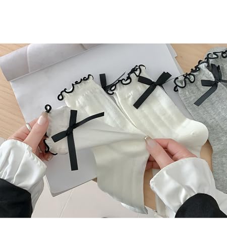 Image of Womens Bow Socks Ruffle Casual Crew Black Whitte Soft Breathable Cotton 4 Pairs Socks