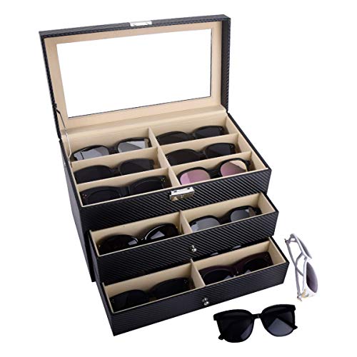 AUTOARK Carbon Fiber Leather 18 Piece Eyeglasses Storage and Sunglass Glasses Display Drawer Lockable Case Organizer,Black,AW-057