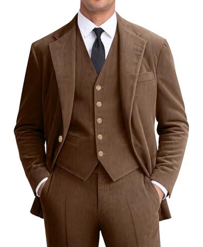Mens Slim Fit Suit 3 Piece Coffee Corduroy Suits Retro Corduroy Blazer Jacket Vest Pants Set Formal Wedding Prom Tuxedos for Men M