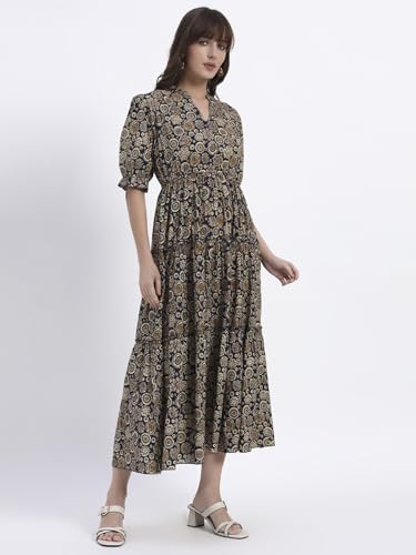 Image of Women's Fit and Flare Dress I Pure Cotton Long Summer Maxi Dress I V-Neck I Casual Wear I Printed Kalamkari Floral Middi