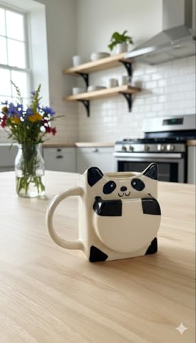 Image of Ceramic Panda Mug, White and Black, Novelty Animal Design Coffee Cup with Handle Gift Birthday Gift Cut Mug Gift for Women