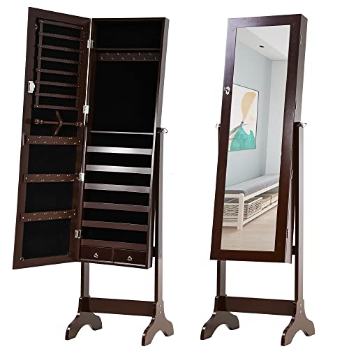 Jewelry Cabinet 61" H Wall/Door Mounted Lockable Jewelry Armoire With 2 Drawers 6 Shelves 43.3"Ã—10.6" Mirror High Capacity Jewelry Organizer (Brown)