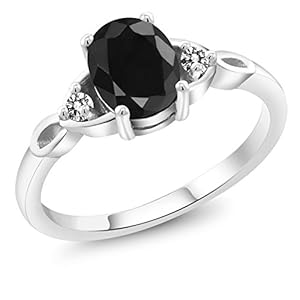 Gem Stone King 925 Sterling Silver Black Sapphire and White Diamond 3-Stone Rings For Women (1.73 Cttw, Gemstone September Birthstone, Oval 8X6MM, Available In Size 5, 6, 7, 8, 9)