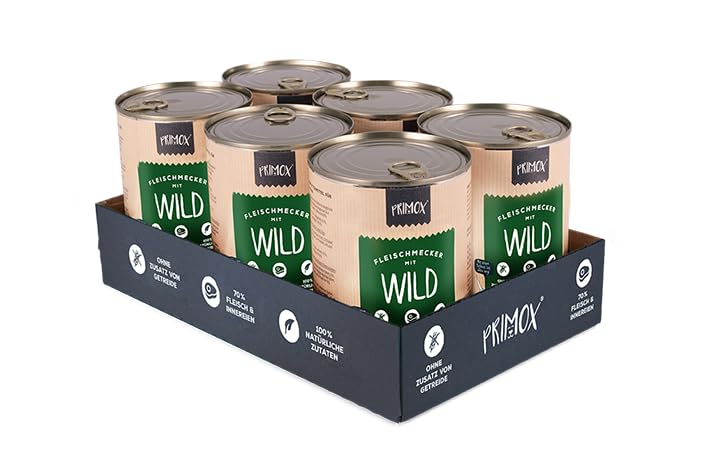PRIMOX® Fleischmecker Hunde-Nassfutter | Getreidefrei | 70% Fleisch & Innereien | Made in Germany & 100% Natürlich | Omega-3 für Haut & Fell | Gluten- & Laktosefrei (Wild, 6x400 g)