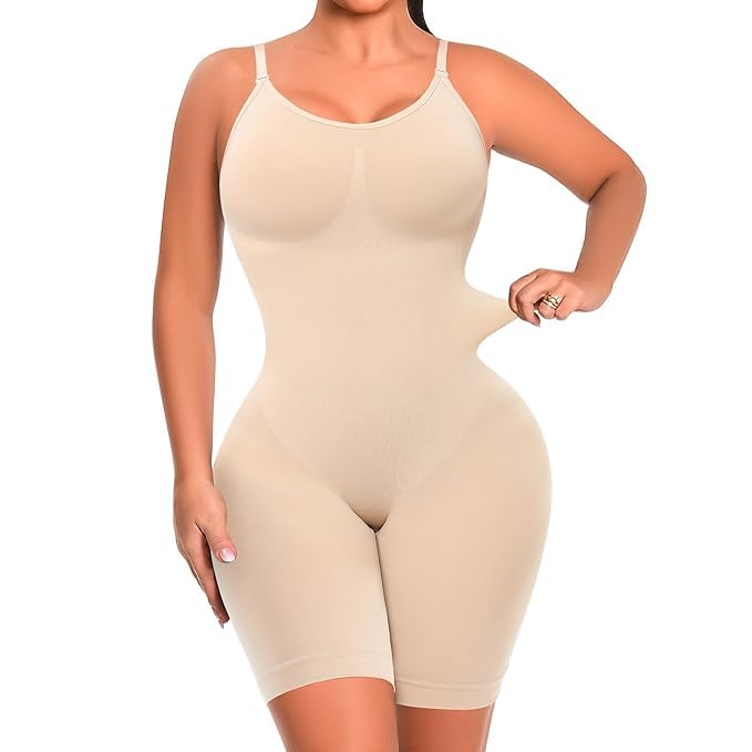 Shapewear Bodysuit for Women Thigh Slimmer Full Body Shaper Tummy Control Seamless Jumpsuit Tops, Beige, Large (Pack of 1) (Free Size)-image-37
