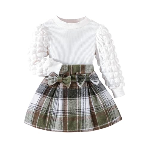 Image of Noubeau Toddler Girls Plaid Outfits Girls Puff Sleeve Knit Ribbed Shirt Tops Plaid Skirt Set Kids Fall Winter Clothes
