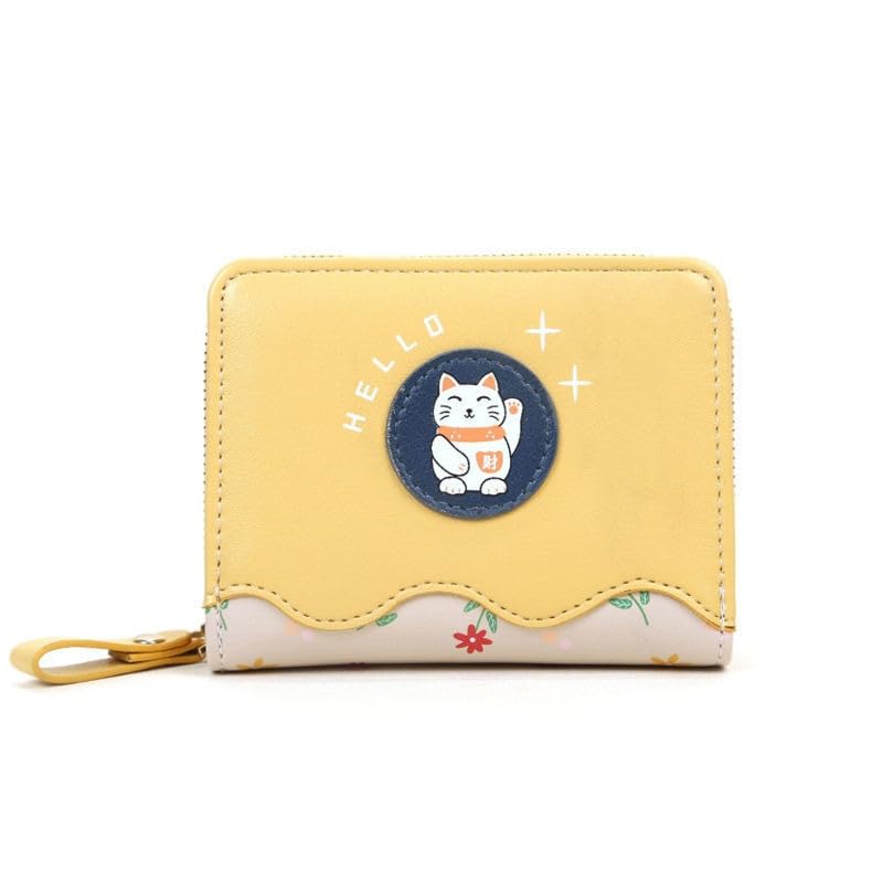 Women's Small Purse, Women's Small Purse with Many Compartments, Children's Wallet with Large Coin Compartment, Purse Children with Cute Cat Motif, yellow, 11,5*3*9cm, Casual