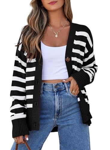 EVALESS Womens Striped Cardigan Sweaters Fashion 2025 Fall Long Sleeve V Neck Lightweight Cardigans Open Front Button Down Knit Sweater Tops Black Stripe X-Small
