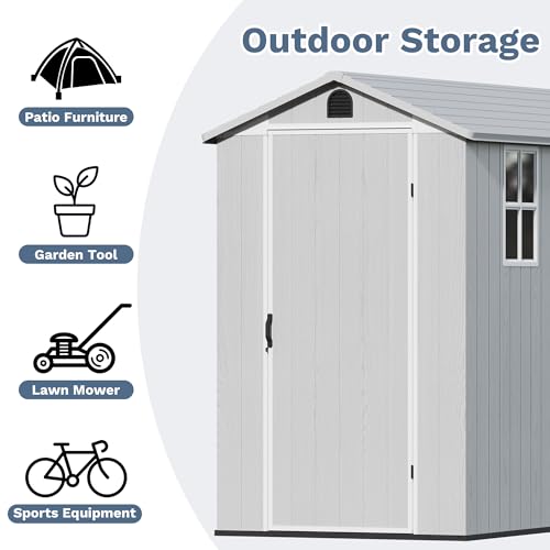Image of Devoko 4x8 FT Resin Storage Shed with Floor, Garden Plastic Outdoor Shed with Window and Lockable Door, Waterproof Outside Tool shed for Backyard Patio, Light Grey