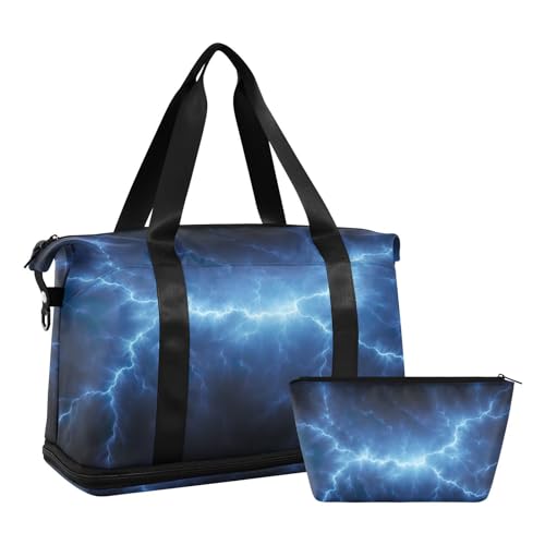 Blue Lightning Black Duffel Bag Lightweight Carry On Gym Bags for Travel and Weekends, Versatile Overnight Bag with Shoe Compartment