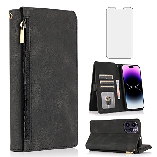 Étui portefeuille en cuir pour iPhone 14 Pro Max, élégance et protection d'écran noire