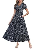 Features: Collared v-neck;Functional buttons from neck to waist;Elastic waist;Flowy tiered skirt;Short sleeves with cuff;Boho floral prints;2 Side Pockets;Maxi Length;Work Dress;Vacation dress;Beach dress;Shift dress;Semi-formal dress;Casual Dress Vi...