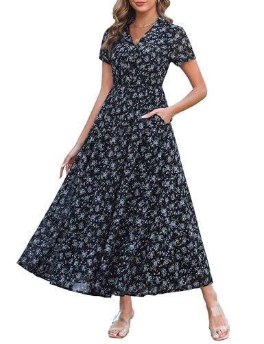 Kranda Summer Dresses for Women 2025 Fall Spring Collared V-Neck Short Sleeve Button Down Casual Swing Flowy Long Beach Chiffon Boho Floral Maxi Dress with Pockets Black Blue,Small