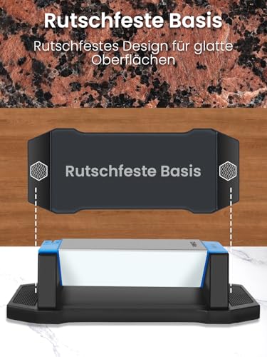 DOWOX Diamant-Schärfstein, 3-Seiten-Körnung 400/1000/8000, Premium Diamant- & Keramik-Schleifstein mit Winkelführung, rutschfester Unterlage & Lederriemen