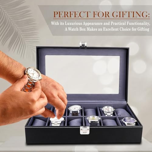 Image of Leather Watch Organizer with Glass Display (Black& grey, 12 Slots)