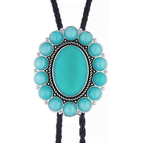 Image of GelConnie Bolo Tie for Men Women Western Cowboy Turquoise Leather Necktie | Natural Stone Bolo Tie Necklace for Women Rodeo Cowboy Leather Necktie Native American Western Cowgirl Ties Adjustable Cord