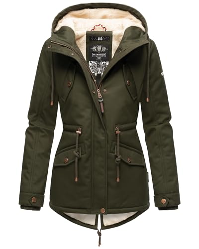 MARIKOO Damen warme Winterjacke mit kuscheliger Verstellbarer Kapuze Manolya Dark Olive Gr. M