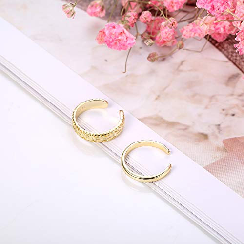 Funrun Jewelry 2 Pcs Sterling Silver Toe Ring For Women Girls Retro Vintage Design Adjustable Ring Set (B:18K Gold Plated) #TOP3