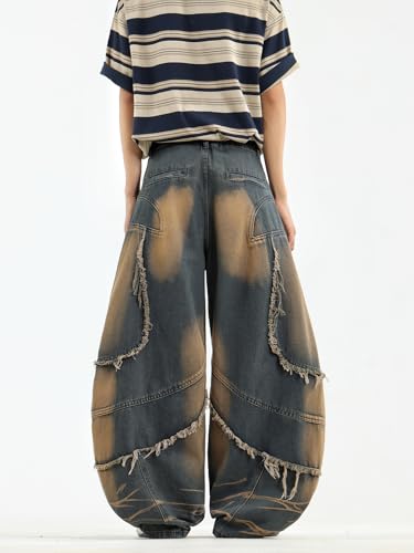 Men's Fringe Frayed Edges Hip Hop Baggy Jeans Wide Leg Jeans Vintage Loose Fit Denim Pants 5