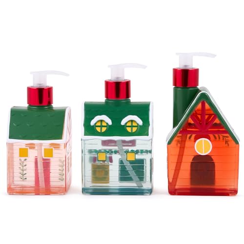 Image of Simple Pleasures Christmas Holiday Village 3 Pack - Frosted Strawberry, Snow Flurries, Peppermint Swirl Scented Decorative Refillable Soap Dispensers for Kitchen Countertops and Bathroom Sinks