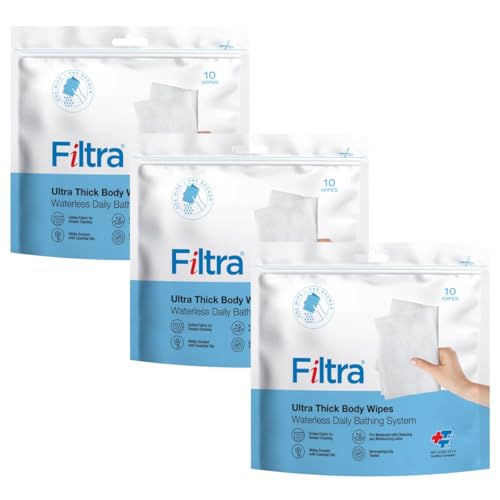 Image of FILTRA Ultra Thick Body Wipes | Bed Bath | Bathing Wipes Pre-Moistened | Re-Sealable Zip Lock Pouch of 10 Wipes (3 Packs = 30 Wipes)