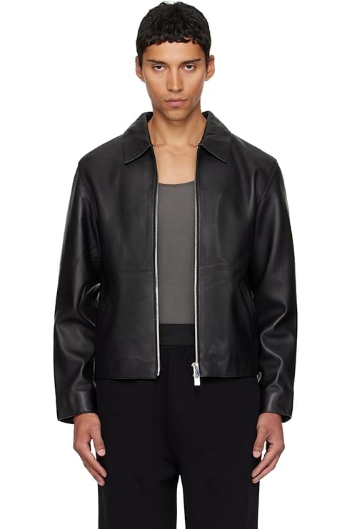 Gigavibe Men's Black Leather Jacket, Slim Fit, Collared Zip Front, Biker Style, Polyester Blend, Unisex-image-37