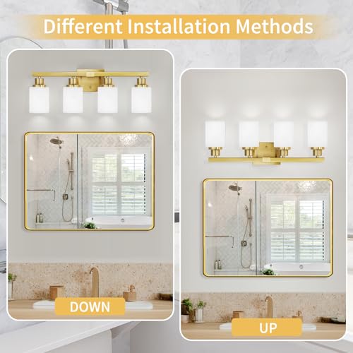 Image of 4-Light Gold Vanity Light Modern Bathroom Light Over Mirror 24in | White Frosted Ribbed Glass Shade Modern Bathroom Light Fixtures Bath Wall Mount Lights Wall Lamp for Mirror E26 Base