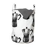 ABAKUHAUS Kaffee Wäschesack, Mokapot italienische Mokka-Maschine, Wäschekorb mit Griffen Kordelzugverschluss für Waschsalons, 33 cm breit x 49 cm hoch, Charcoal Grau und Weiß