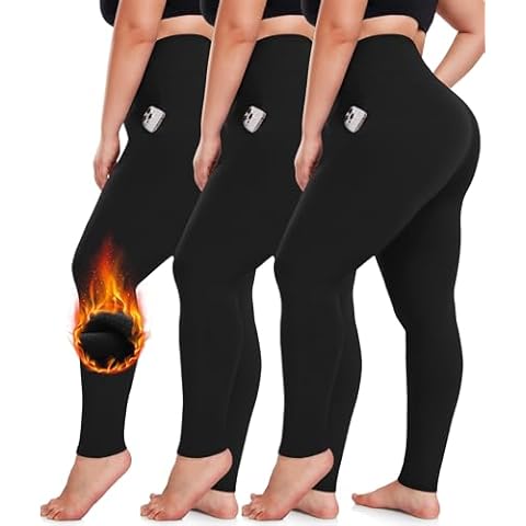 NEW YOUNG 3 Pack Plus Size Leggings for Women with Pockets-Fleece Lined Leggings for Women High Waisted Tummy Control Yoga Pants for Workout Cover