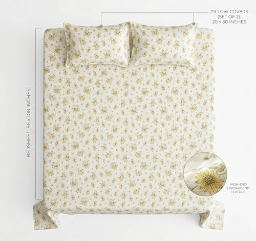 Image of BSB HOME Cloud Cotton King Size bedsheet | Flatsheet Summer Sheet with Two Pillow Covers | Super Soft Bed Sheet for King Size Bed Durable| Floral Design (270 x 250 cm, Off White & Yellow Sage)