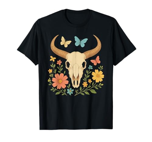 Teschio di mucca Boho Western Country Longhorn Cowgirl Cattle Skull Maglietta