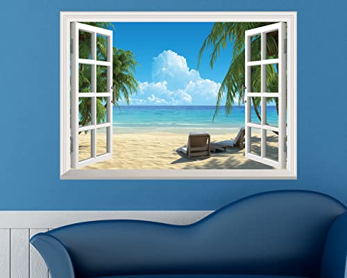 FLFK Fake Window Wall Sticker - Summer Beach Faux Window Wall Mural for Wall Decor, Stick and Peel Wall Decals,16"x24"