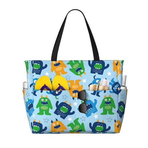 Cartoon Monster Large Beach Bag Waterproof Sandproof Swim Tote Pool Bag For Women With Zipper