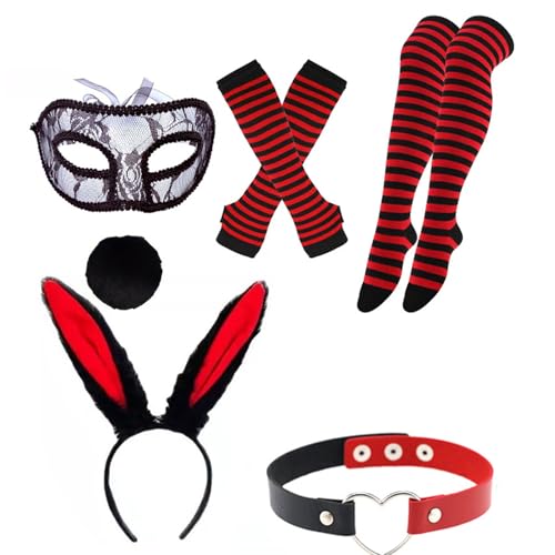 YROHGKPN Juego de accesorios de disfraz de conejo para mujer, 6 piezas, con orejas de conejo, diadema, cuello a rayas, medias de cola de conejo, para fiesta, accesorios de disfraz de conejito, Negro y